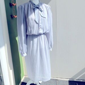 Vintage 70s 80s Gray Pinstripe Secretary Dress with Tie Bow Neck